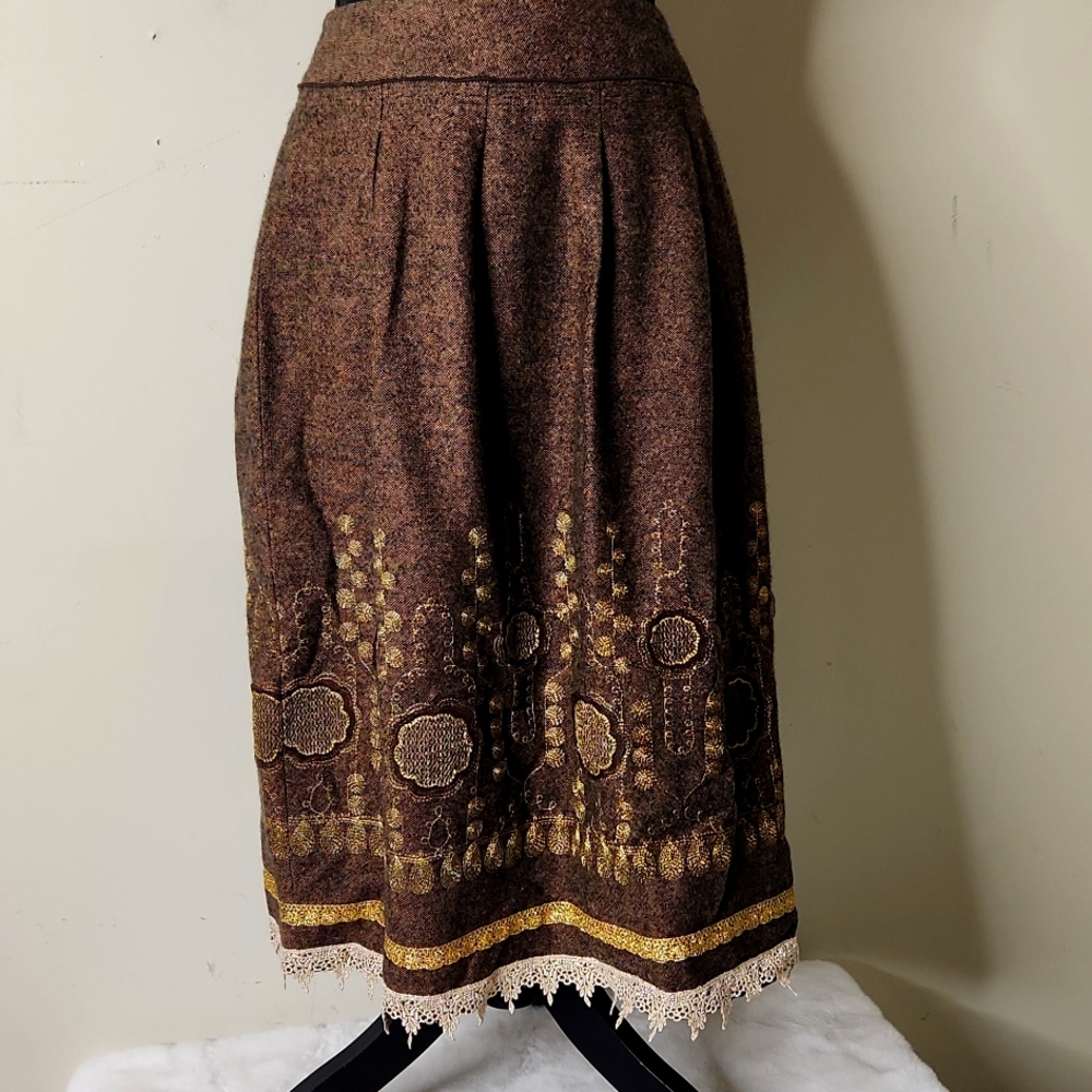 brown wool mettalic embroidered fringe boho western midi skirt 12